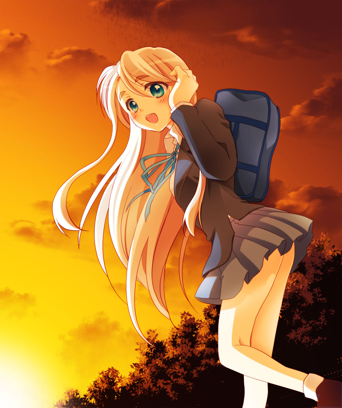 doku ta pepperko, drgry, kotobuki tsumugi, k-on!, bad id, bad pixiv id, highres, 00s, 1girl, bag, blonde hair, blue eyes, female focus, long hair, nature, outdoors, school uniform, sky, solo, sunset