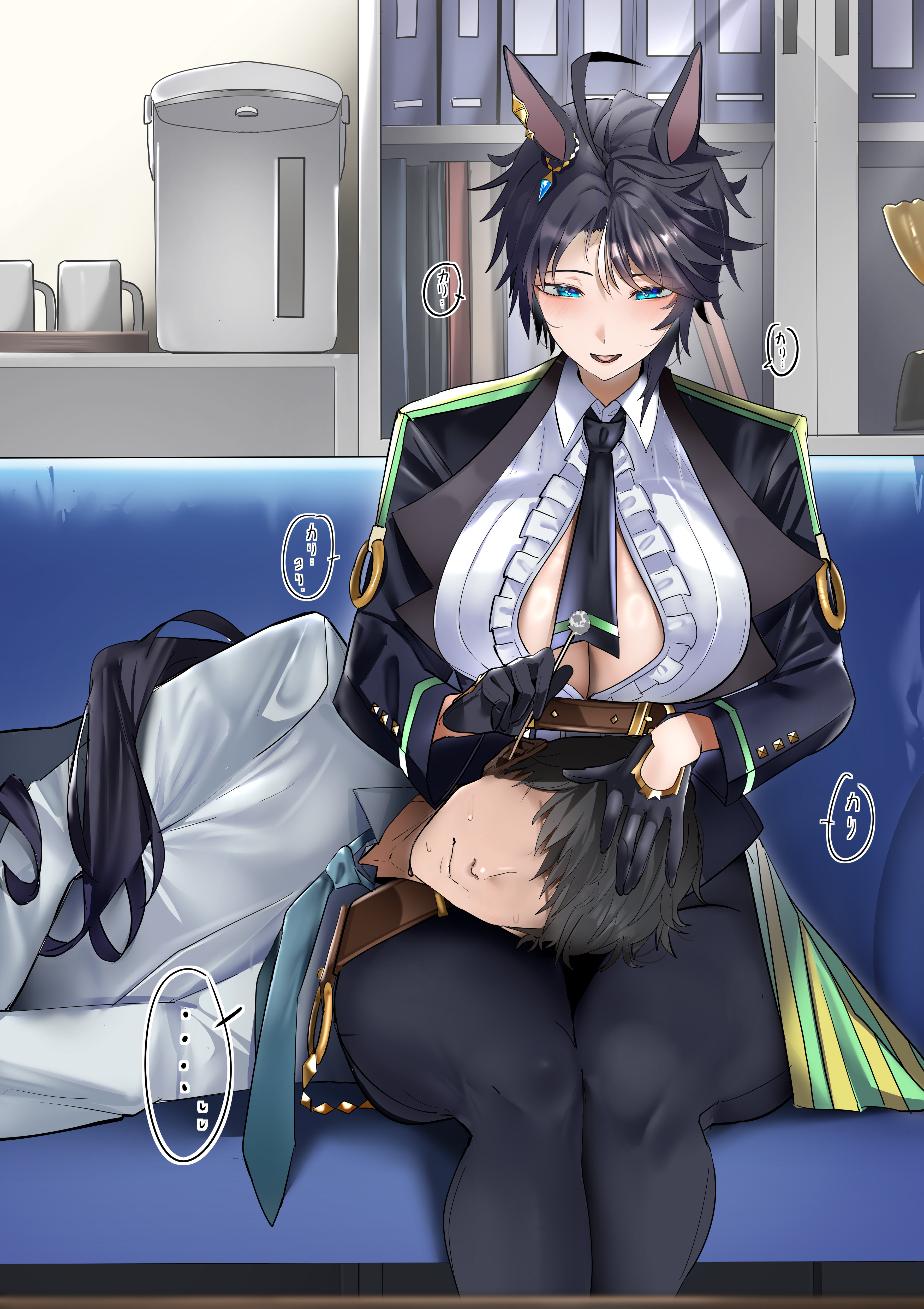 jitome no tsugumi, fuji kiseki (shooting star revue) (umamusume), fuji kiseki (umamusume), trainer (umamusume), umamusume, absurdres, highres, 1boy, 1girl, animal ears, black gloves, black hair, black jacket, black necktie, black pants, blue eyes, blue necktie, blush, breasts, center frills, cleavage, closed mouth, ear cleaning, frills, gloves, horse ears, horse girl, horse tail, jacket, lap pillow, large breasts, mimikaki, necktie, open clothes, open mouth, open shirt, pants, shirt, short hair, smile, sweat, tail, tail wrap, white shirt