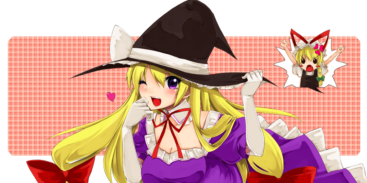 yuuki (ashitahare), kirisame marisa, yakumo yukari, touhou, bad id, bad pixiv id, 2girls, blonde hair, braid, elbow gloves, female focus, gloves, hair ribbon, hat, headwear switch, long hair, multiple girls, one eye closed, purple eyes, ribbon, short hair, wink, witch, witch hat