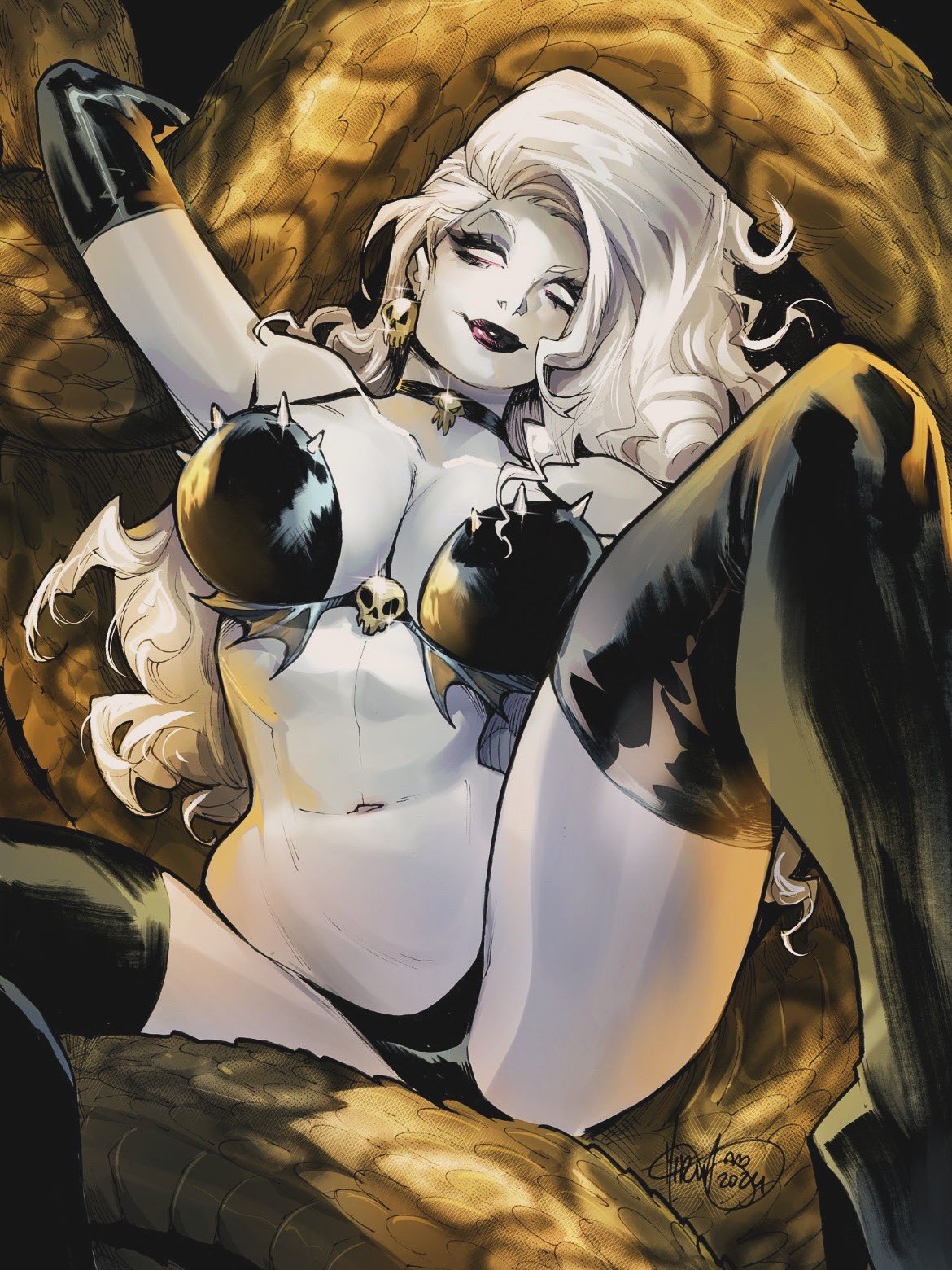 mirka andolfo, lady death (character), lady death, highres, 1girl, artist name, black boots, black bra, black choker, black gloves, black panties, blank eyes, boots, bra, breasts, choker, colored skin, earrings, elbow gloves, gloves, jewelry, large breasts, long hair, looking at viewer, navel, panties, signature, sitting, skull earrings, snake, solo, thigh boots, underwear, white hair, white skin