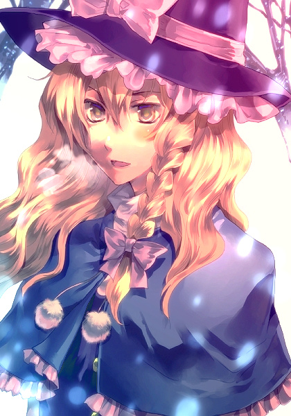 sunakumo, kirisame marisa, perfect cherry blossom, subterranean animism, touhou, 1girl, blonde hair, braid, capelet, female focus, hat, ribbon, scarf, solo, witch, witch hat, yellow eyes