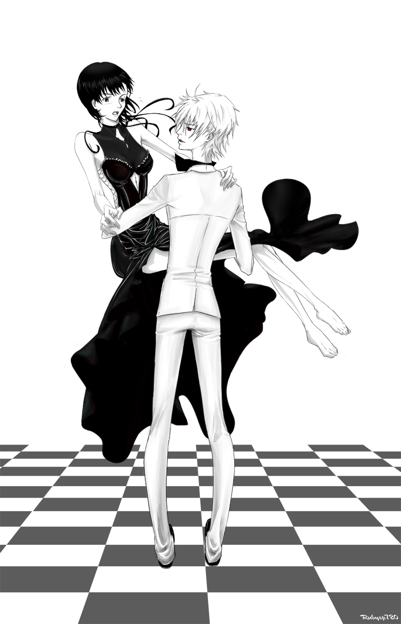 ikari shinji, nagisa kaworu, neon genesis evangelion, gender request, highres, 1boy, 1girl, bare shoulders, barefoot, blush, carrying, couple, dress, formal clothes, genderswap, greyscale, hetero, long hair, monochrome, red eyes, smile, thighs, tuxedo