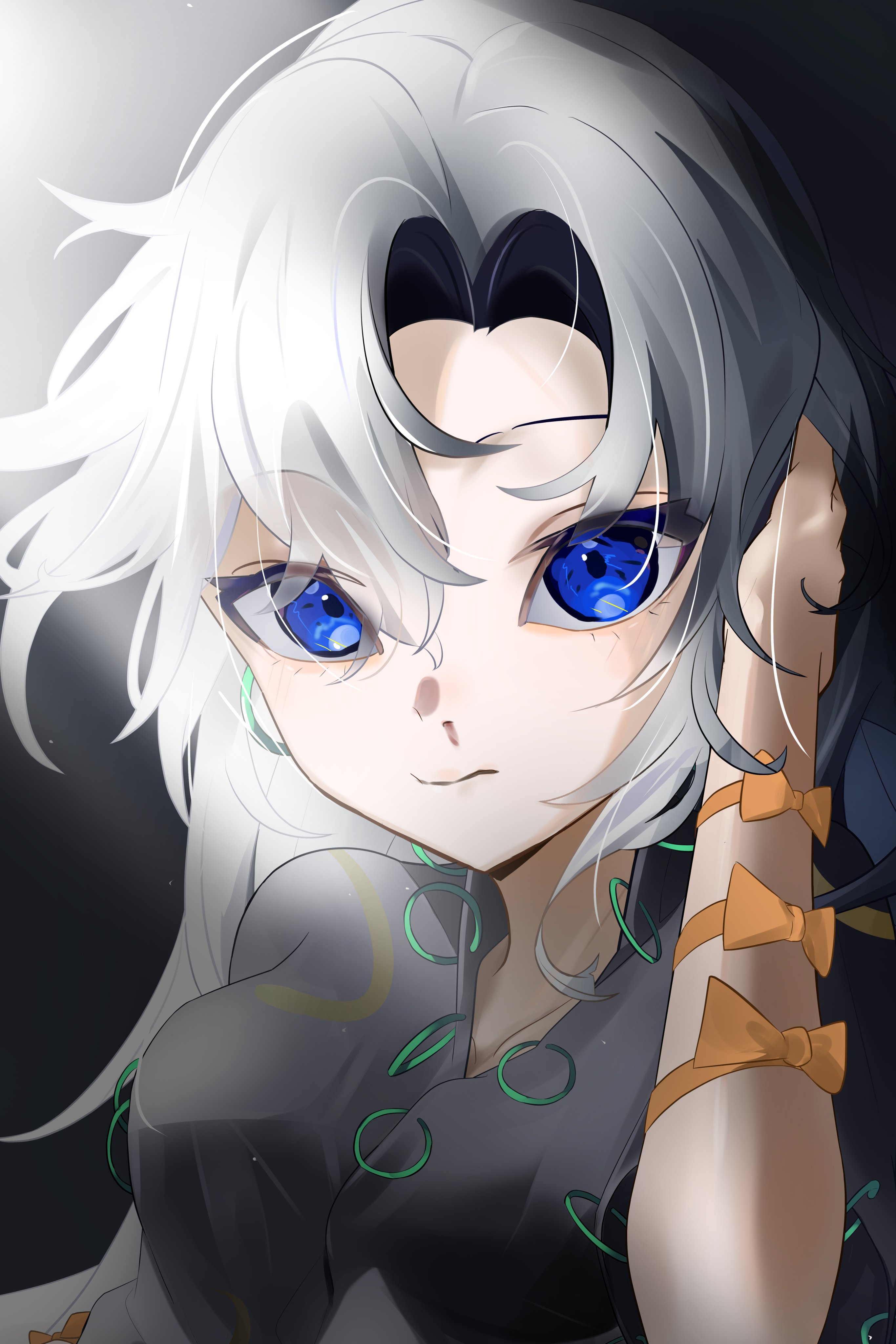himemushi momoyo, touhou, absurdres, highres, 1girl, black shirt, bow, breasts, dress, grey hair, harikane0, jewelry, long hair, looking at viewer, orange bow, ribbon, ring, shirt, simple background, solo