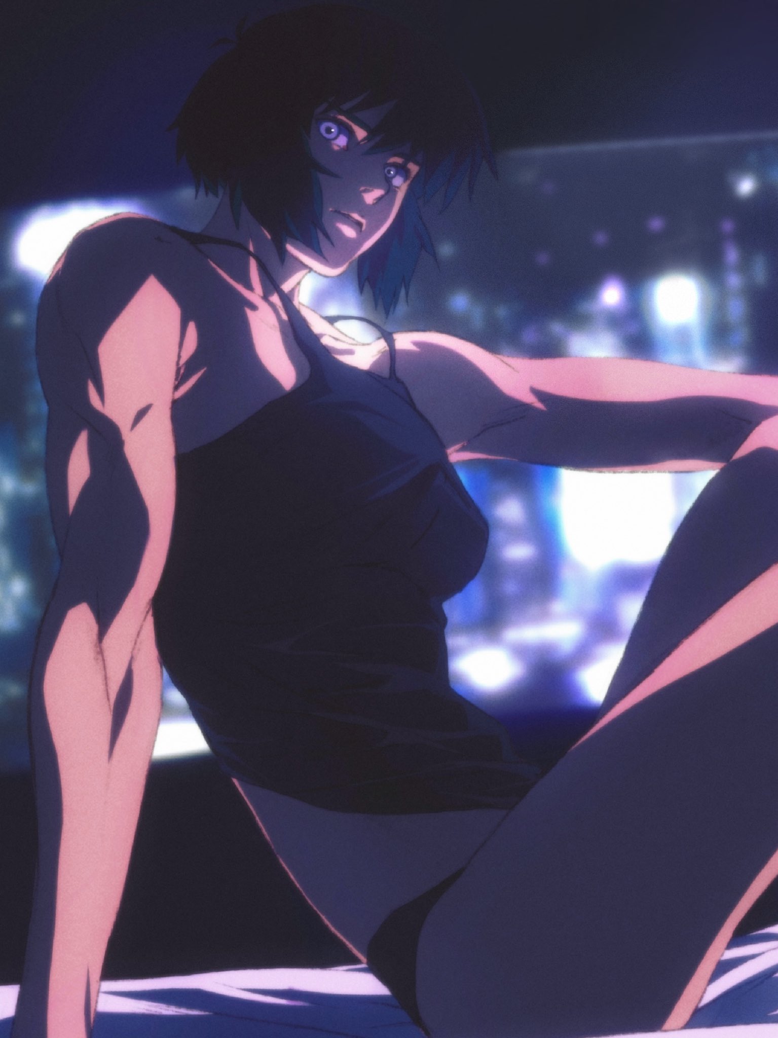 aizheajsee, kusanagi motoko, ghost in the shell, highres, 1girl, black hair, black panties, black tank top, blue eyes, blurry, blurry background, medium hair, panties, sitting, solo, tank top, underwear