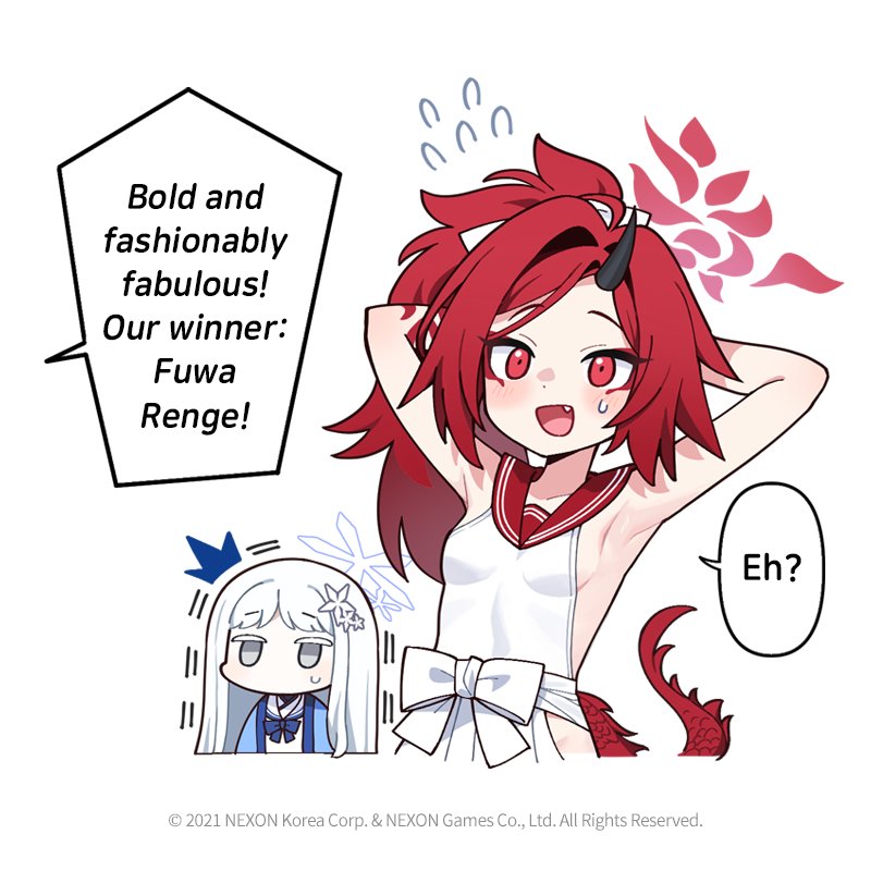 donmin h, nagusa (blue archive), renge (blue archive), blue archive, commentary, english commentary, 2girls, armpits, arms behind head, arms up, blush, breasts, chibi, english text, fang, flying sweatdrops, grey eyes, grey hair, hair intakes, hair ornament, halo, horns, long hair, motion lines, multiple girls, no mouth, no nose, open mouth, red sailor collar, sailor collar, shirt, sideboob, single horn, sleeveless, small breasts, speech bubble, straight hair, sweatdrop, tail, upper body, white sailor collar, white shirt