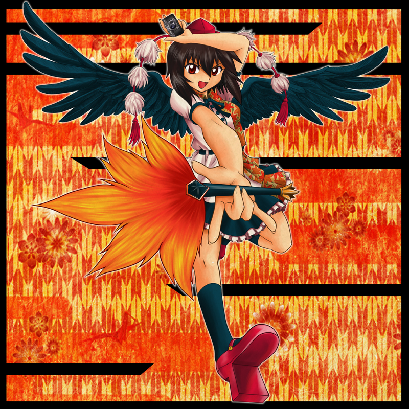 zuru, shameimaru aya, touhou, bad id, bad pixiv id, 1girl, black hair, black wings, camera, female focus, geta, hand fan, hat, looking at viewer, open mouth, red eyes, short hair, solo, tengu-geta, tokin hat, wings