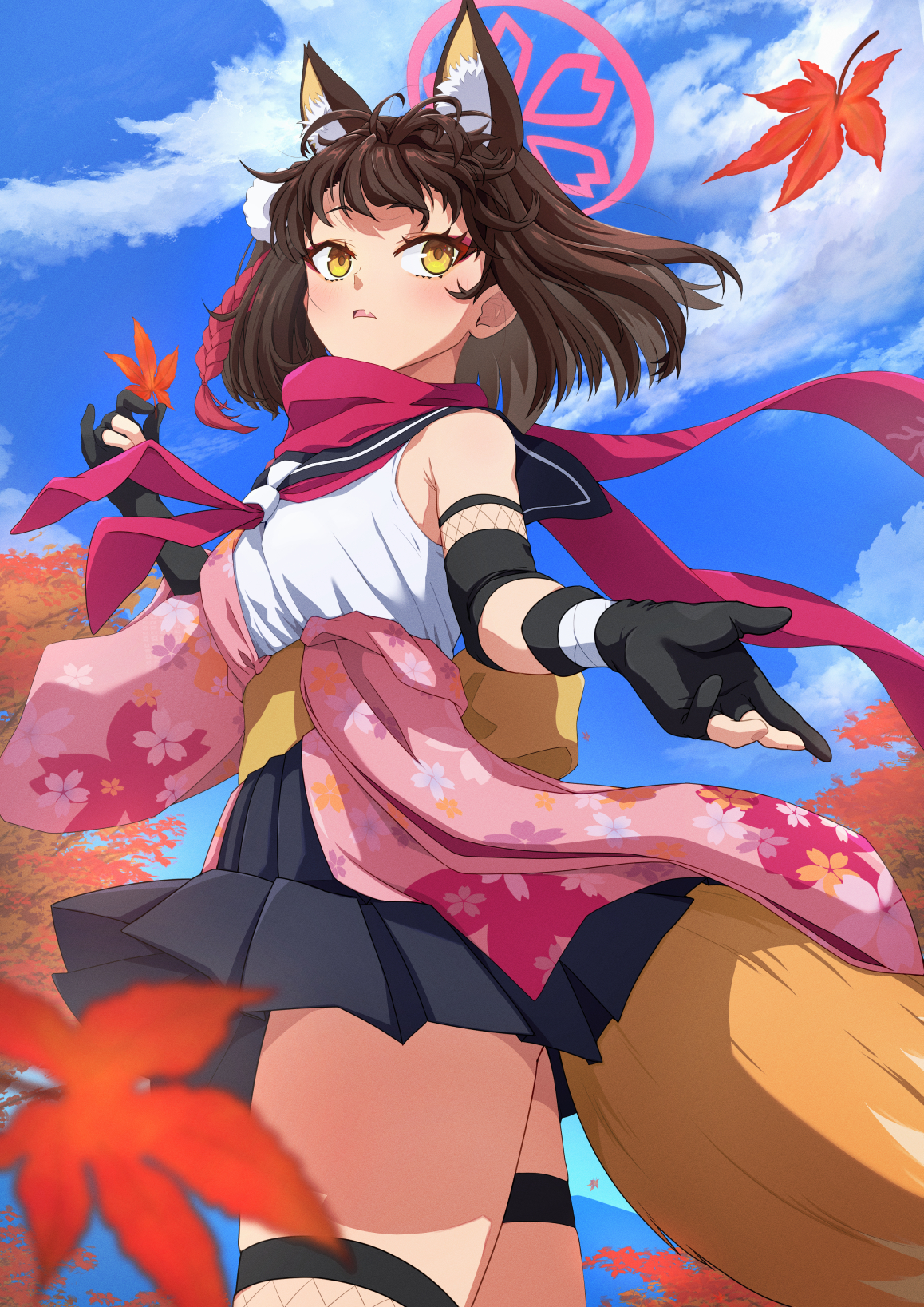 menchi-men, izuna (blue archive), blue archive, highres, 1girl, animal ear fluff, animal ears, autumn leaves, black gloves, black sailor collar, black skirt, blue sky, brown hair, fang, fishnet thighhighs, fishnets, fox ears, fox girl, fox tail, gloves, halo, japanese clothes, kimono, leaf, medium hair, neckerchief, open mouth, partially fingerless gloves, pink halo, pink kimono, pink neckerchief, pink scarf, pleated skirt, sailor collar, scarf, shirt, single bare shoulder, single thighhigh, skin fang, skirt, sky, sleeveless, sleeveless shirt, solo, tail, thigh strap, thighhighs, white shirt, yellow eyes
