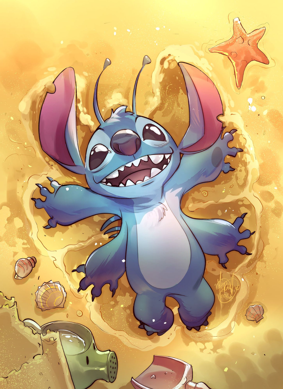 mirka andolfo, stitch (lilo & stitch), lilo & stitch, highres, antennae, blue fur, extra arms, from above, lying, no humans, on back, open mouth, sand, seashell, shell, solo, starfish