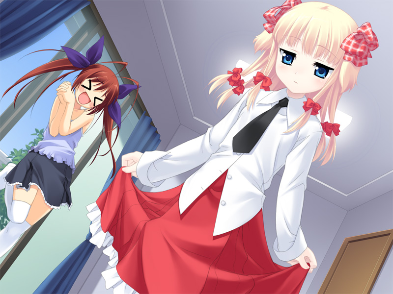mizuki kotora, oumi risa, silviana, wanko to kurasou, white legwear, game cg, > <, 2girls, antenna hair, blonde hair, blue eyes, bow, camisole, closed eyes, clothes lift, dutch angle, hair bow, leg lift, multiple girls, multiple hair bows, necktie, own hands clasped, own hands together, plaid bow, red hair, skirt, skirt lift, thighhighs, twintails, window, zettai ryouiki