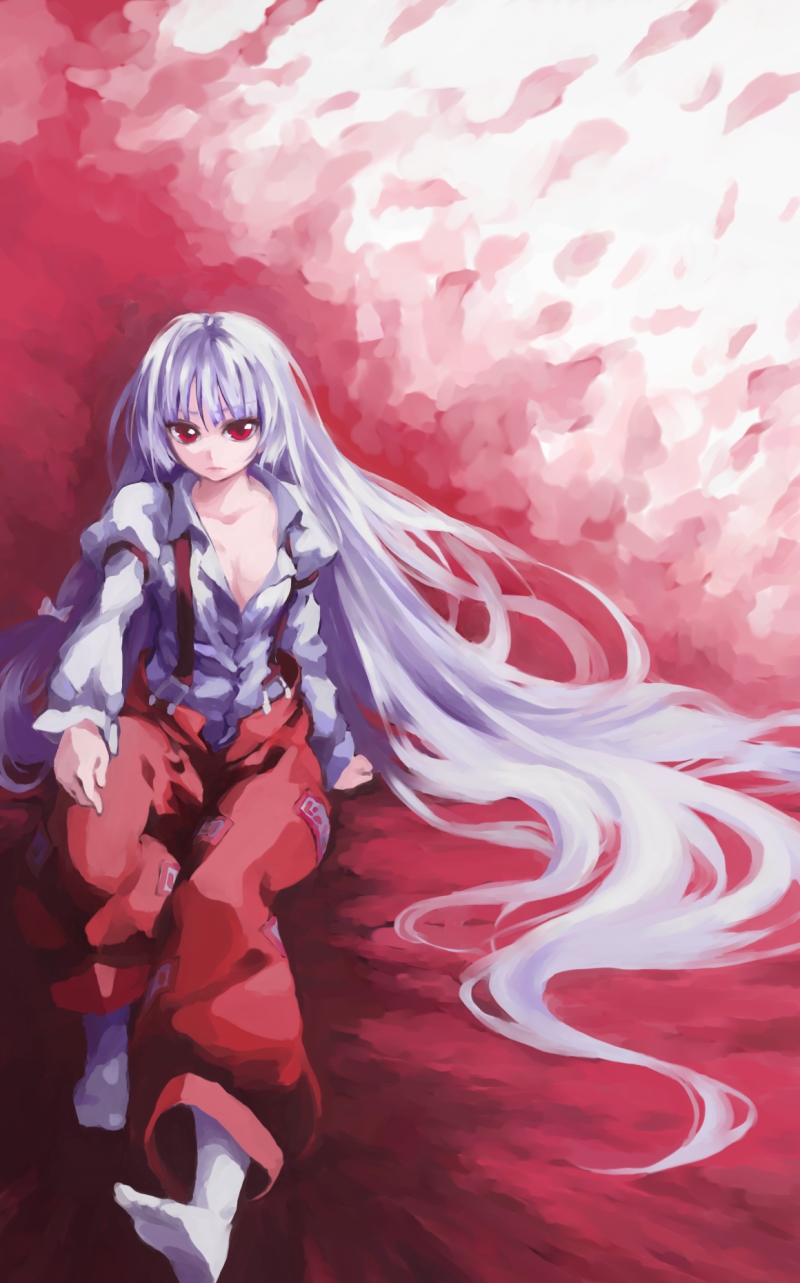 iseki, iseki (kuroshura no tabiji), iseki (otameshi), fujiwara no mokou, touhou, silver hair, highres, 1girl, feet, female focus, long hair, pants, red eyes, socks, solo, suspenders