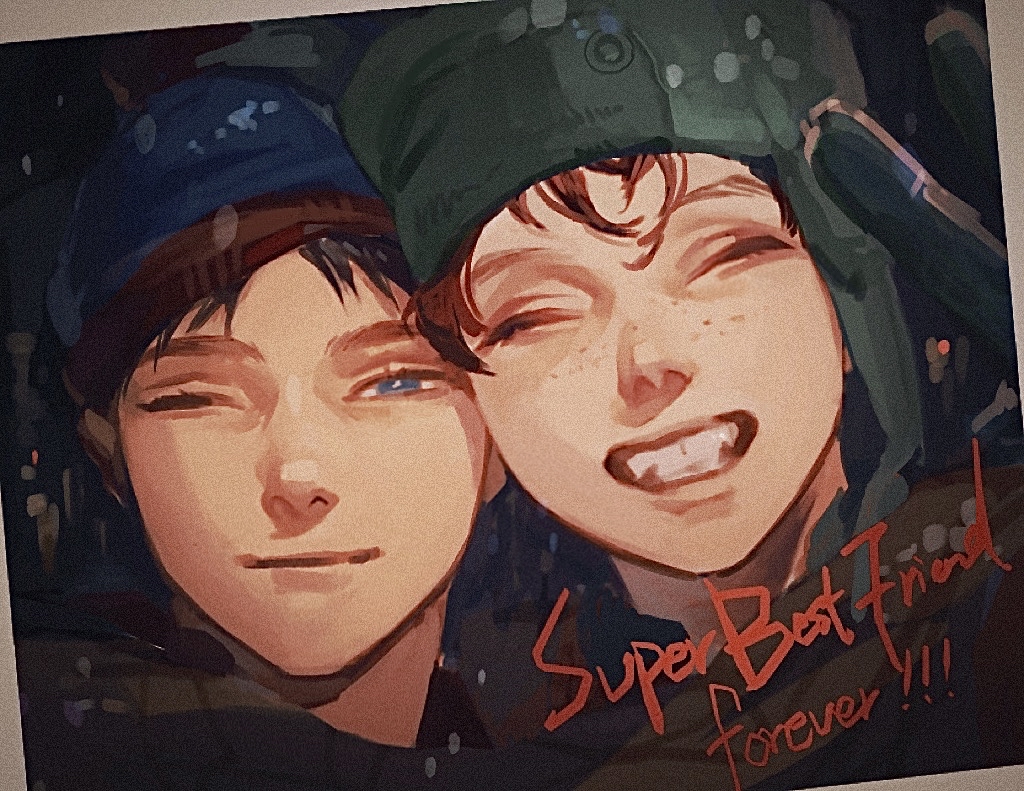 silverlilii, kyle broflovski, stan marsh, south park, commentary, english commentary, 2boys, ;), ^ ^, beanie, black hair, blue eyes, blue hat, bright pupils, brown hair, closed eyes, closed mouth, english text, facing viewer, freckles, friends, gloves, green hat, grin, hat, heads together, light smile, looking at viewer, male focus, multiple boys, narrowed eyes, nose, one eye closed, photo (object), portrait, short bangs, side-by-side, smile, teeth, ushanka, v, white pupils