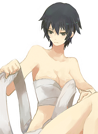 shirogane naoto, atlus, persona, persona 4, 1girl, androgynous, black hair, blue eyes, breast bind, breasts, cleavage, collarbone, female focus, reverse trap, sarashi, short hair, simple background, sitting, solo, white background