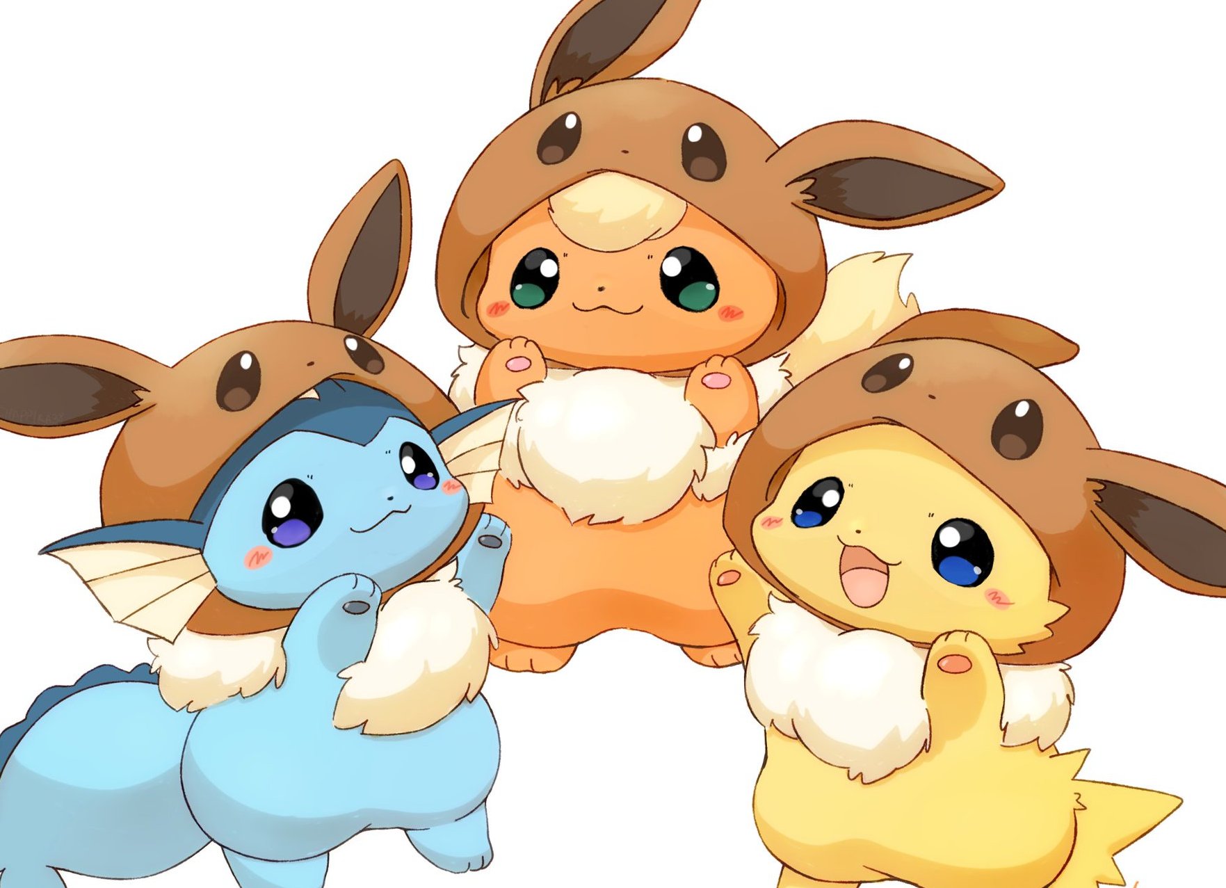 mimix, eevee, flareon, jolteon, vaporeon, nintendo, pokemon, commentary request, highres, :3, :d, blue eyes, blush stickers, closed mouth, cosplay, eevee (cosplay), gen 1 pokemon, green eyes, hands up, no humans, open mouth, pokemon (creature), pokemon focus, purple eyes, simple background, smile, standing, white background
