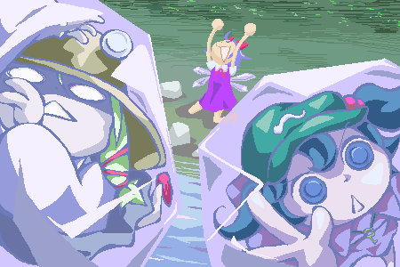 cirno, kawashiro nitori, moriya suwako, touhou, lowres, 3girls, chibi, dress, female focus, frozen, hat, multiple girls, oekaki