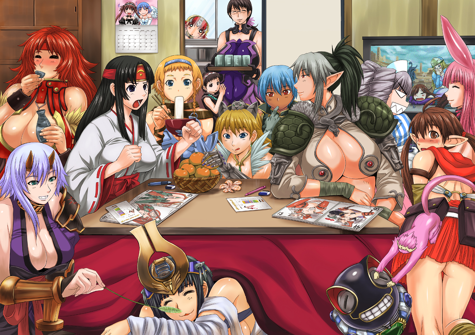 kokuriu, airi (queen's blade), airi (the infernal temptress), aldra (queen's blade), alleyne (queen's blade), ancient princess menace, angel of light nanael, captain of the royal guard elina, cattleya (queen's blade), claudette (queen's blade), claudette lord of thundercloud, delmore, echidna (queen's blade), elina (queen's blade), exiled warrior leina, fang assassin irma, fighting master alleyne, flame master nyx, forest keeper nowa, gainos priestess melpha, irma (queen's blade), iron princess ymir, leina (queen's blade), melona (queen's blade), melpha, menace (queen's blade), musha miko tomoe, nanael (queen's blade), nowa (queen's blade), nyx (queen's blade), protean assassin melona, queen aldra, rana (queen's blade), risty (queen's blade), ruu (queen's blade), setra, shizuka (queen's blade), tomoe (queen's blade), veteran mercenary echidna, weapon merchant cattleya, wilderness bandit risty, ymir (queen's blade), queen's blade, highres, official art, 00s, 1boy, 6+girls, age difference, animal ears, armor, ass, breasts, calendar, calendar (object), choko (cup), cup, eating, elf, everyone, food, fruit, huge breasts, kotatsu, large breasts, mandarin orange, mature female, melpha (queen's blade), monkey, mother and son, multiple girls, o o, orange (fruit), playing games, pointy ears, rabbit ears, smile, table, tail, television, tokkuri, video game, yunomi, zouni soup