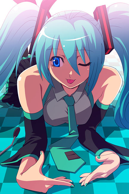 ism, ism (inc), hatsune miku, vocaloid, 1girl, aqua hair, aqua nails, blue eyes, detached sleeves, female focus, long hair, nail polish, necktie, one eye closed, solo, tongue, twintails, wink
