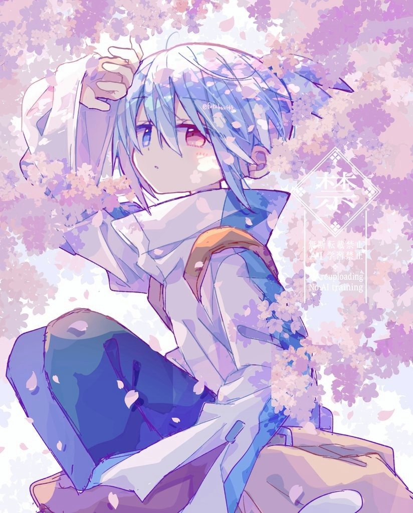 futaba969649, sig (puyopuyo), puyopuyo, commentary, symbol-only commentary, 1boy, arm up, blue eyes, blue hair, blue pants, cherry blossoms, feet out of frame, hair between eyes, heterochromia, high collar, jacket, knees up, long sleeves, male focus, pants, parted lips, red eyes, short hair, sitting, solo, watermark, white jacket