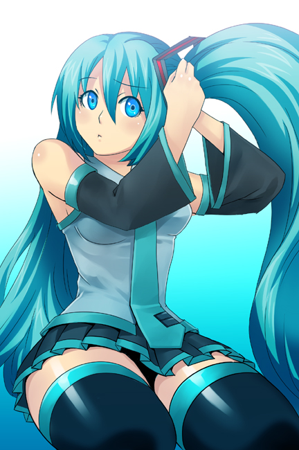 ism, ism (inc), hatsune miku, vocaloid, 1girl, adjusting hair, aqua hair, blue eyes, detached sleeves, female focus, long hair, necktie, skirt, solo, thighhighs, twintails, zettai ryouiki