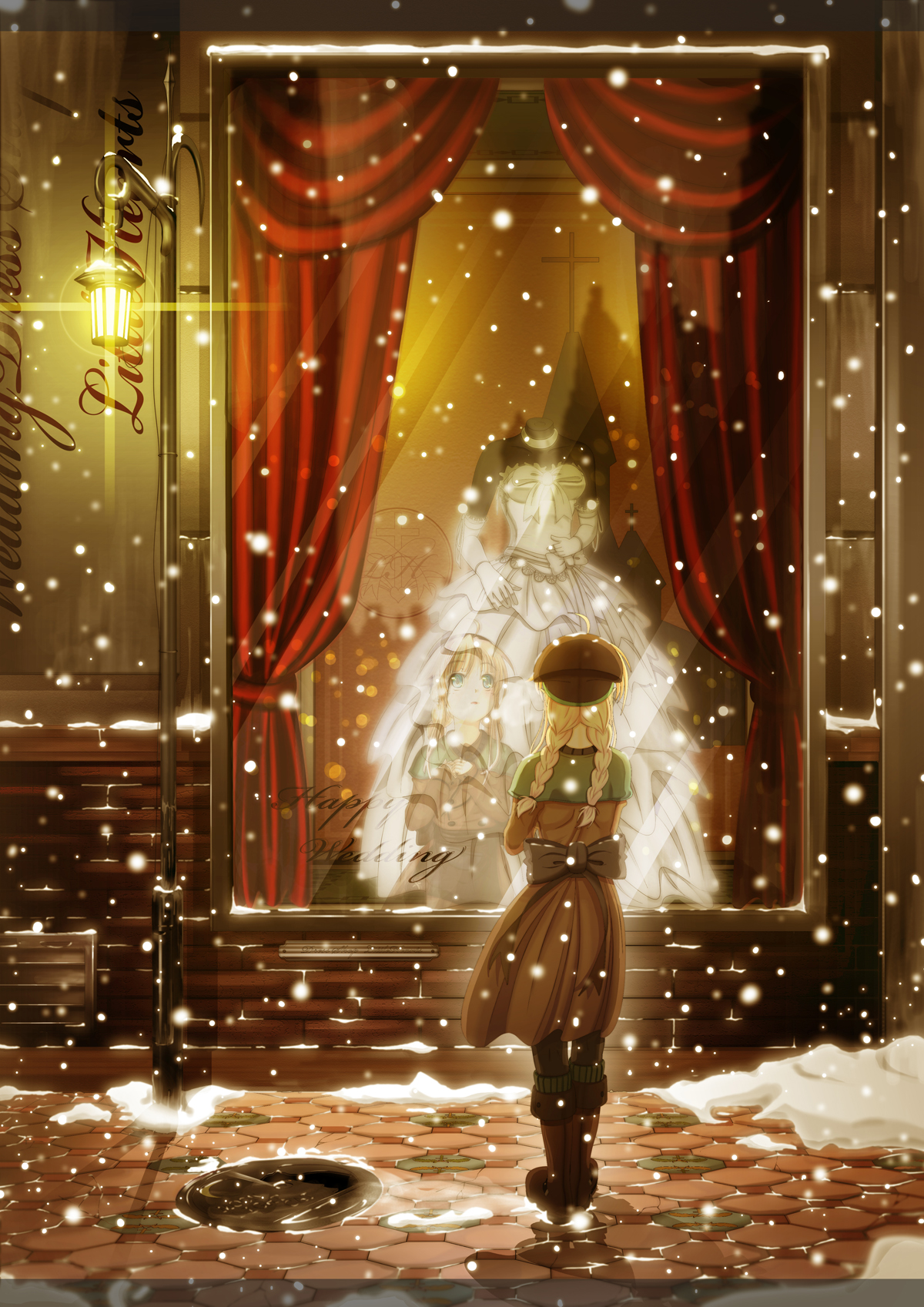 futaba (artist), original, bad id, bad pixiv id, highres, ahoge, blonde hair, boots, braid, coat, dress, green eyes, hat, long hair, reflection, snow, solo, twin braids, wedding dress, window