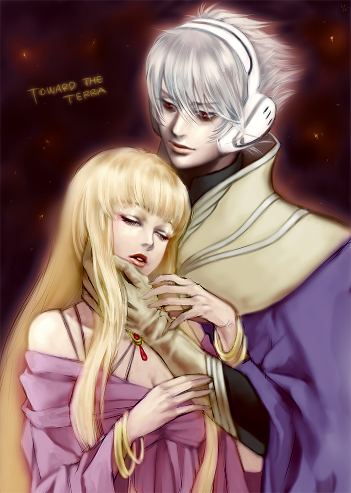 yohi, physis, soldier blue, toward the terra, silver hair, 1boy, 1girl, albino, blonde hair, bracelet, cape, closed eyes, dress, gloves, headphones, height difference, jewelry, long hair, red eyes, wristband