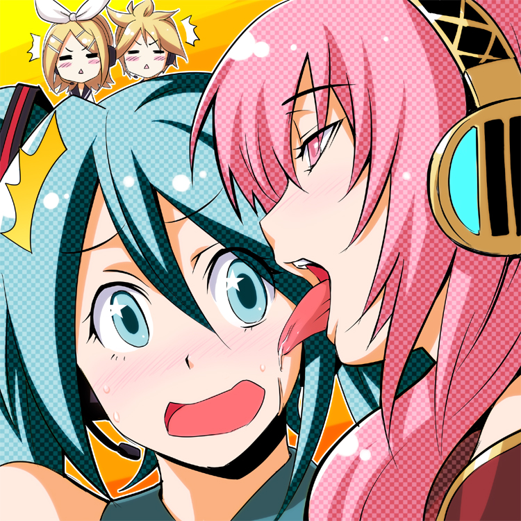 ism, ism (inc), hatsune miku, kagamine len, kagamine rin, megurine luka, vocaloid, 1boy, 3girls, :<, = =, ^^^, aqua eyes, aqua hair, blush, headset, licking, licking another's face, multiple girls, pink eyes, pink hair, surprised, tongue, yuri