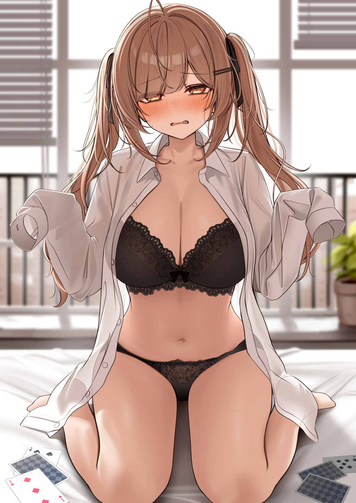 monaka curl, imouto-chan (monaka curl), original, commentary request, highres, revision, 1girl, black bra, black panties, black ribbon, blurry, blurry background, blush, bra, breasts, brown eyes, brown hair, card, cleavage, collared shirt, hair ribbon, hands up, indoors, large breasts, long hair, looking at viewer, no pants, on bed, open clothes, open shirt, panties, playing card, ribbon, shirt, sitting, sleeves past fingers, sleeves past wrists, solo, thighs, twintails, underwear, wariza, white shirt, yellow eyes