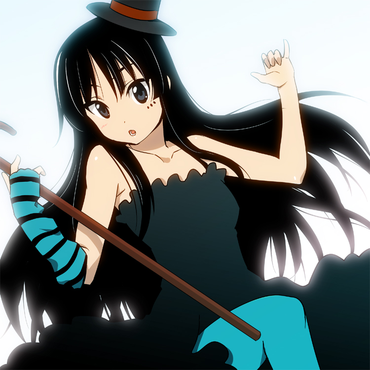 ism, ism (inc), akiyama mio, don't say "lazy", k-on!, 00s, 1girl, asymmetrical clothes, black eyes, black hair, blue pantyhose, blunt bangs, cane, female focus, fingerless gloves, gloves, hat, hime cut, long hair, mini hat, mini top hat, pantyhose, single glove, solo, striped clothes, striped gloves, top hat