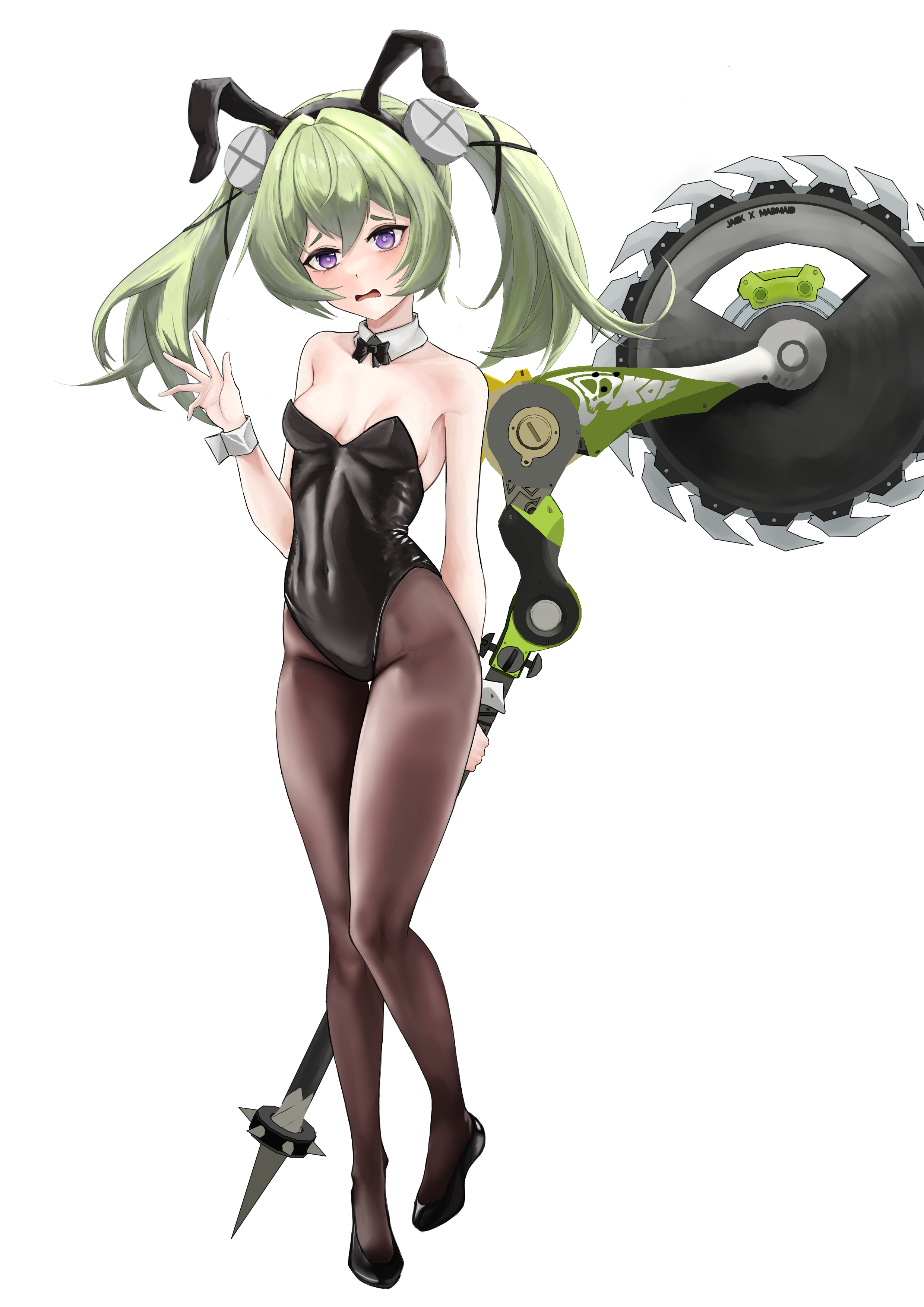 yukino arts, corin wickes, zenless zone zero, absurdres, commentary, highres, 1girl, animal ear hairband, animal ears, bare shoulders, black bow, black leotard, black pantyhose, black shoes, blush, bow, breasts, circular saw, detached collar, fake animal ears, green hair, hair between eyes, hairband, highleg, highleg leotard, holding, holding saw, leotard, long hair, open mouth, pantyhose, purple eyes, rabbit ears, saw, screw hair ornament, shoes, simple background, small breasts, solo, twintails, white background, wrist cuffs
