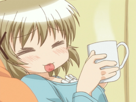 yuno (hidamari sketch), hidamari sketch, animated, animated gif, lowres, 00s, 1girl, blush, brown hair, closed eyes, cup, drink, hair ornament, hairclip, indoors, mug, tongue