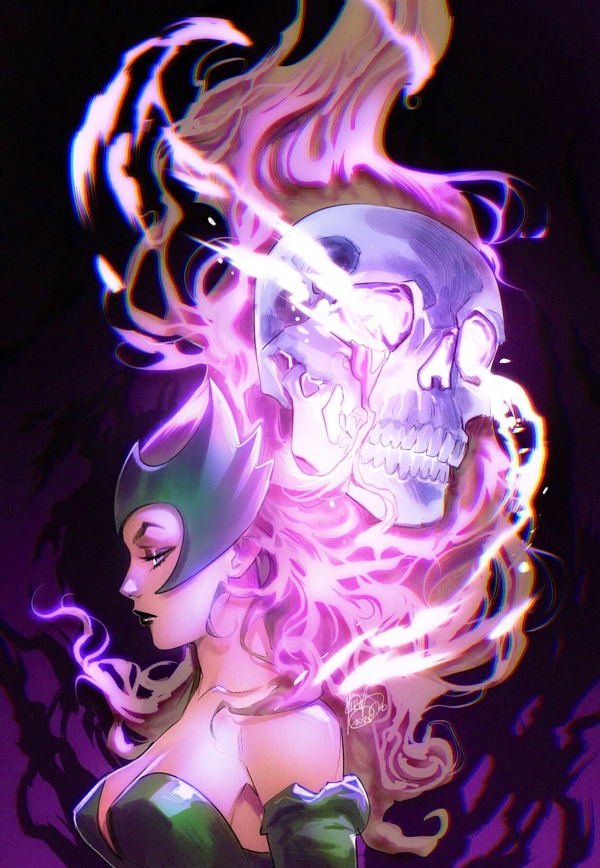 mirka andolfo, polaris (x-men), marvel, highres, 1girl, bare shoulders, blonde hair, breasts, cleavage, elbow gloves, floating hair, from side, gloves, glowing, green gloves, long hair, medium breasts, skull, solo, upper body