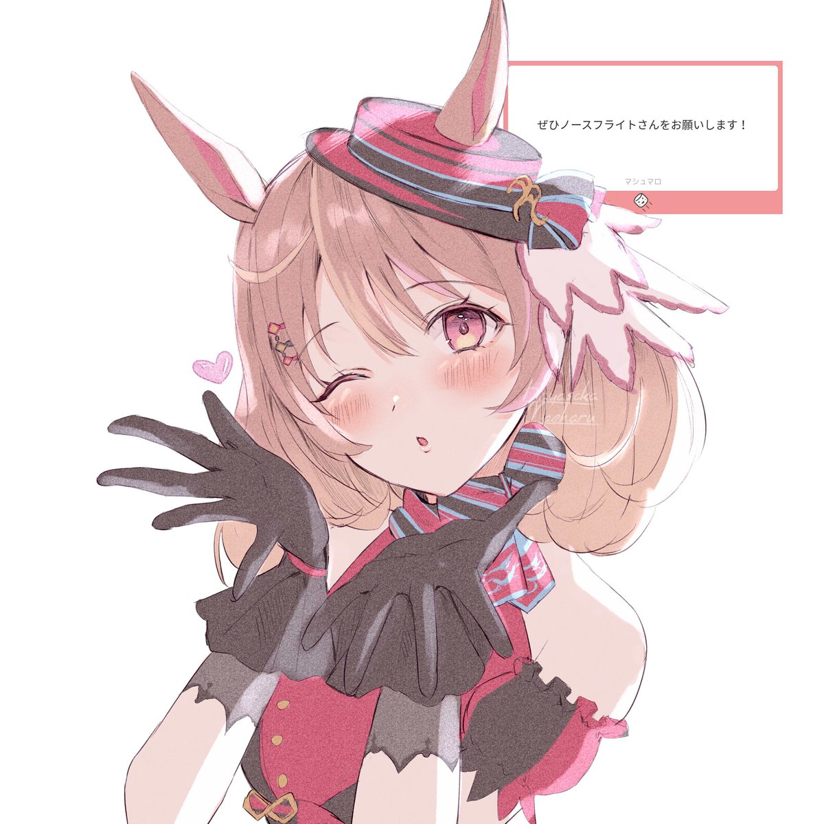 hanasaka (9769z), north flight (looking fly!) (umamusume), north flight (umamusume), umamusume, highres, translation request, 1girl, animal ears, blowing kiss, blunt bangs, breasts, brown hair, detached sleeves, gloves, hair between eyes, hair ornament, hairclip, horse ears, horse girl, looking at viewer, medium breasts, medium hair, one eye closed, open mouth, simple background, solo