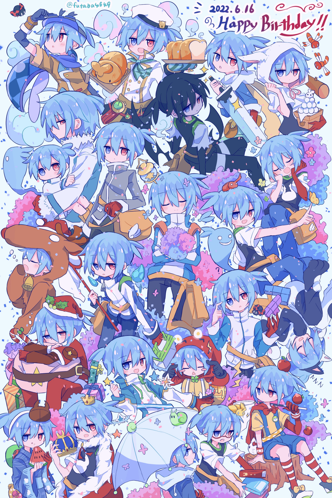 futaba969649, black sig, sig (puyopuyo), puyopuyo, commentary request, highres, 1boy, :d, animal costume, black hair, black pants, black shirt, blue eyes, blue hair, blue jacket, blue pants, bread, butterfly net, closed eyes, closed mouth, dated, food, gloves, grey jacket, hair between eyes, hand net, happy birthday, hat, heterochromia, holding, holding butterfly net, jacket, long sleeves, male focus, multiple views, open mouth, pants, parted lips, red eyes, red gloves, red socks, reindeer costume, santa costume, shirt, short hair, short sleeves, simple background, single glove, sitting, smile, socks, striped clothes, striped socks, tree stump, twitter username, umbrella, white background, white hat, yawning
