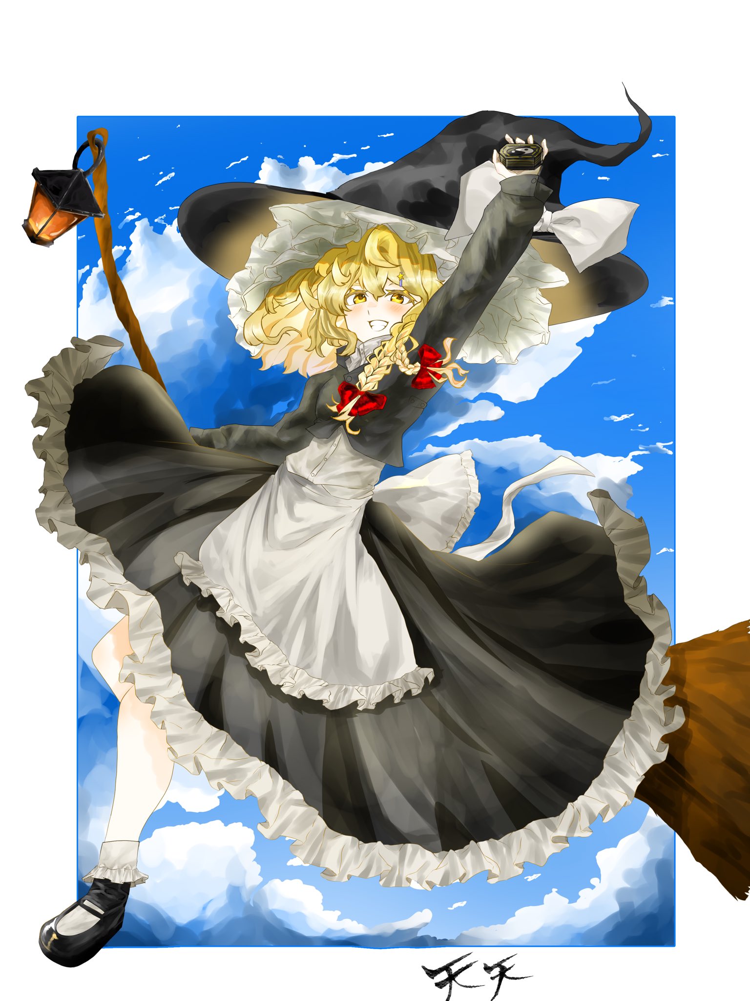 kirisame marisa, touhou, highres, 1girl, apron, bagua, blonde hair, bow, braid, broom, broom riding, cloud, cloudy sky, dress, flying, frilled dress, frilled hair tubes, frilled socks, frills, hair bow, hair tubes, hat, hat bow, holding, holding broom, kumagawa1230, lantern, long hair, mary janes, mini-hakkero, open mouth, red bow, shoes, side braid, single braid, skirt, sky, smile, socks, solo, trigram, twin braids, waist apron, white bow, witch hat, yellow eyes