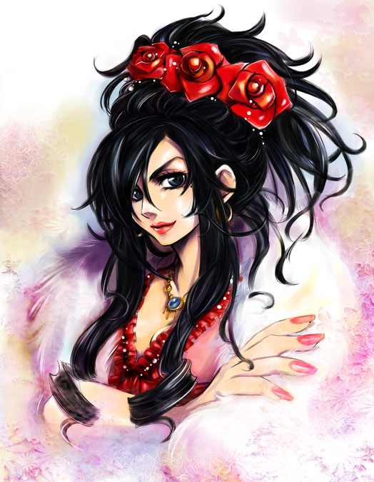 doraeshi, doreeshi, deborah (dq5), dragon quest, dragon quest v, 1girl, black eyes, black hair, blue eyes, earrings, feather boa, female focus, flower, hair flower, hair ornament, jewelry, lips, lipstick, makeup, nail polish, necklace, rose, solo
