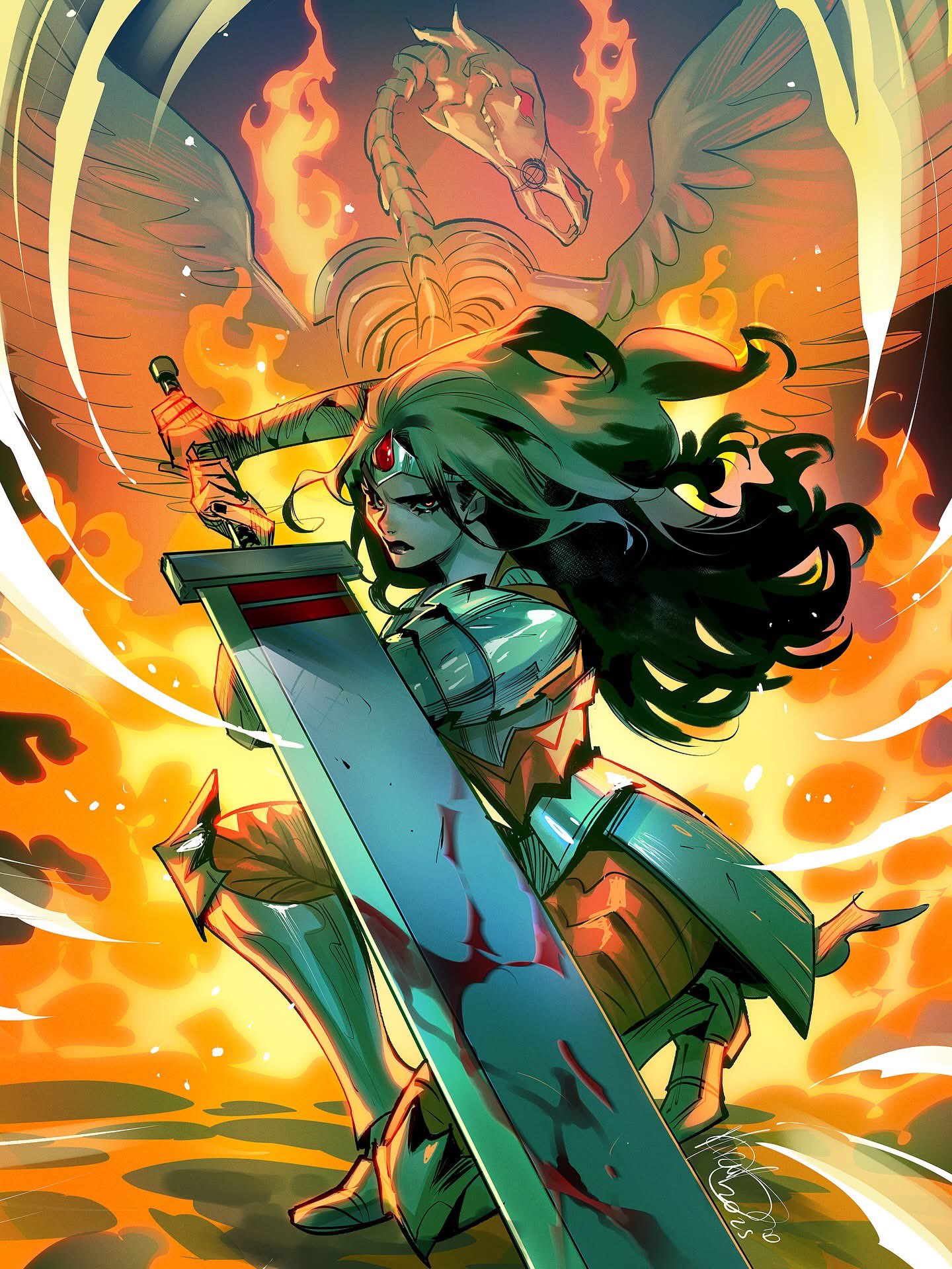 mirka andolfo, wonder woman, absolute dc, absolute wonder woman, dc comics, highres, 1girl, animal skeleton, armored boots, black hair, blood, bloody weapon, boots, fire, holding, holding sword, holding weapon, huge weapon, long hair, looking at viewer, official alternate costume, on one knee, soll, solo, sword, tiara, v, weapon