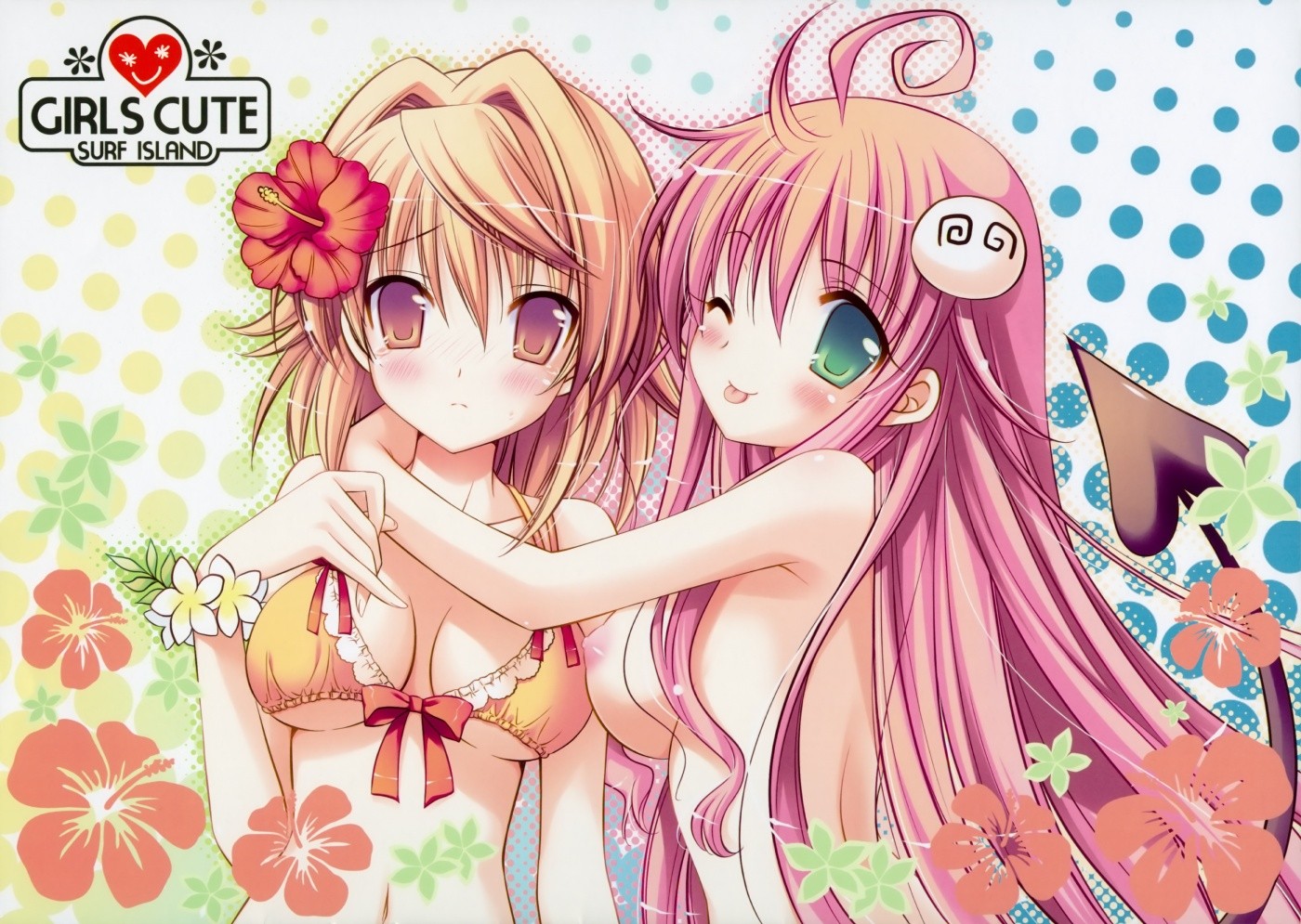 inugahora an, lala satalin deviluke, peke (to love-ru), yuusaki riko, to love-ru, 00s, 2girls, :p, ;p, blush, breasts, brown eyes, brown hair, demon tail, flower, front-tie top, frown, genderswap, genderswap (mtf), green eyes, hibiscus, medium breasts, multiple girls, nipples, one eye closed, pink hair, tail, tongue, tongue out, topless female, wink