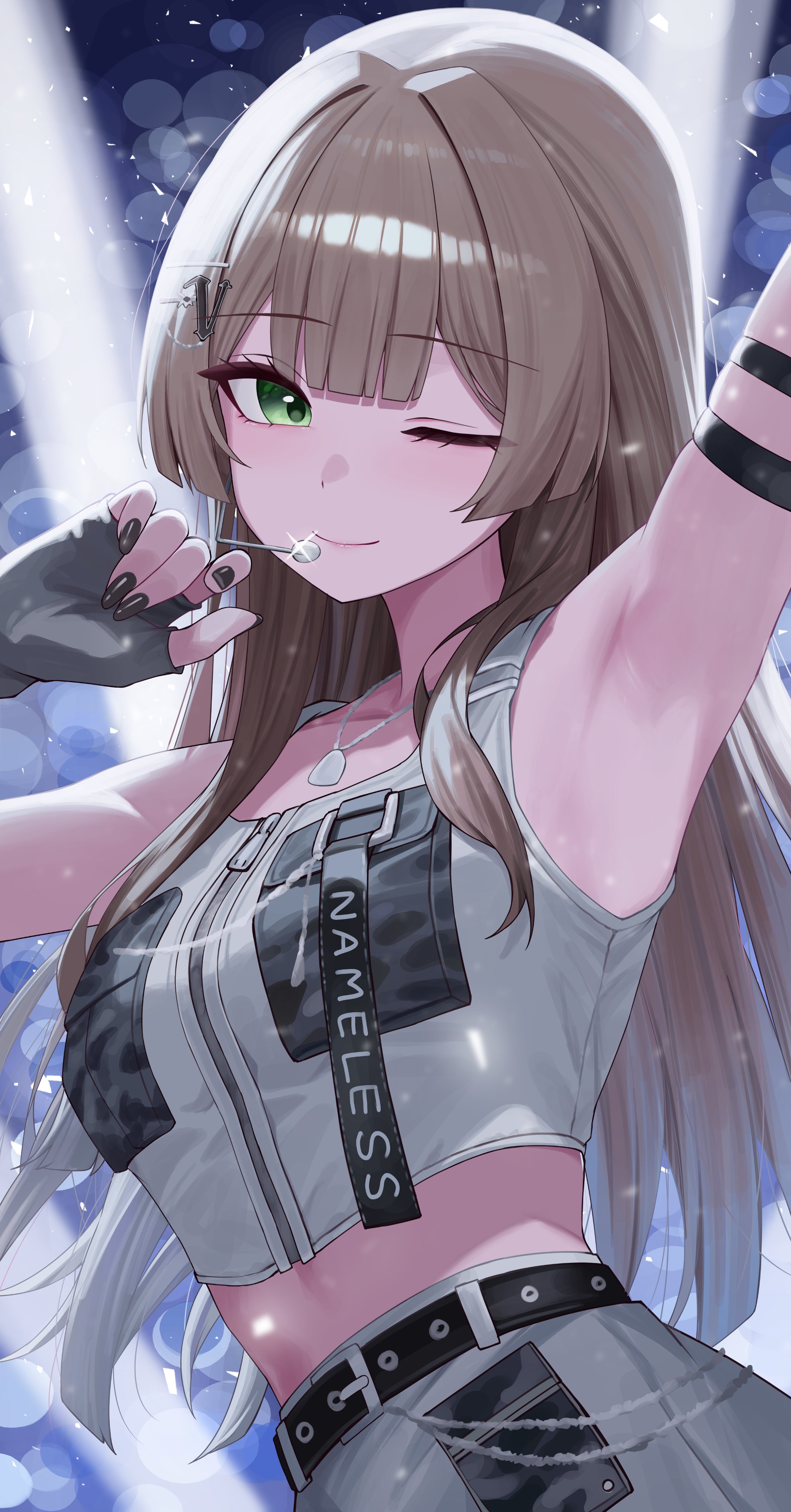 sei (0724sei6), viichan, waktaverse, absurdres, commentary, highres, 1girl, arm strap, arm up, armpits, bare shoulders, belt, black nails, blurry, bokeh, breast pocket, brown hair, closed mouth, crop top, depth of field, green eyes, hand up, jewelry, long hair, looking at viewer, midriff, nail polish, necklace, one eye closed, pocket, shirt, skirt, sleeveless, sleeveless shirt, smile, solo, stage lights, upper body, virtual youtuber, white shirt, white skirt