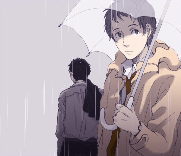 adachi tooru, doujima ryoutarou, atlus, persona, persona 4, bad id, bad pixiv id, 2boys, black eyes, black hair, blouse, coat, collared shirt, grey background, holding, holding umbrella, male focus, multiple boys, necktie, rain, shirt, simple background, umbrella, white shirt