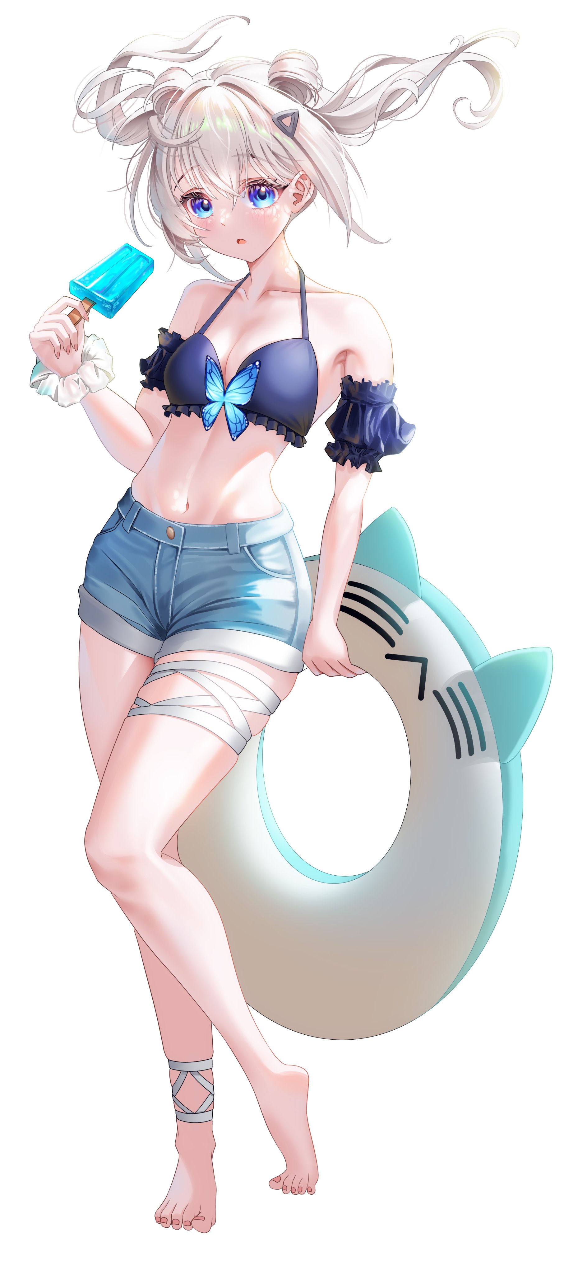 n102 (nikke), goddess of victory: nikke, absurdres, highres, barefoot, bbshrimp, detached sleeves, food, inflatable toy, popsicle, swimsuit