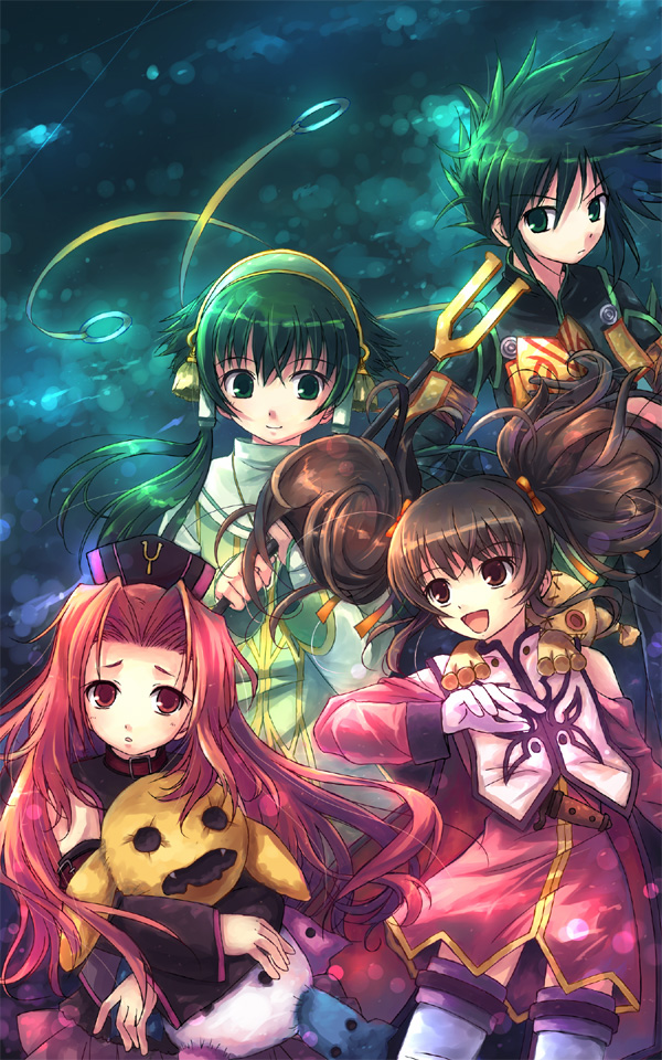 yakka, anise tatlin, arietta (tales), ion (tales), sync (tales), tokunaga (tales), tales of (series), tales of the abyss, 00s, 2boys, 2girls, black hair, brown eyes, doll, gloves, green eyes, green hair, hair tubes, hat, long hair, multiple boys, multiple girls, pink eyes, pink hair, smile, staff
