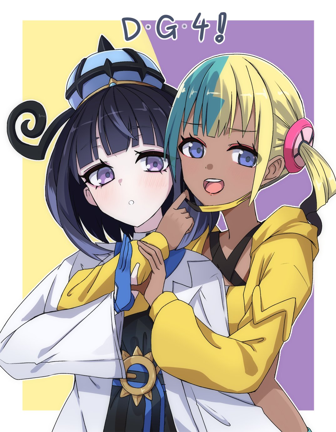 gumoyu, canari (pokemon), gwynn (pokemon), nintendo, pokemon, pokemon legends: z-a, highres, 2girls, :d, :o, belt, belt buckle, black dress, black hair, blonde hair, blue gloves, blue hair, blush, bob cut, border, buckle, coat, crop top, cropped jacket, dark-skinned female, dark skin, dress, gloves, jacket, long sleeves, looking at viewer, multicolored hair, multiple girls, o-ring, o-ring belt, open clothes, open coat, open mouth, outside border, partially fingerless gloves, purple background, purple eyes, short hair, smile, split-color hair, two-tone background, two-tone hair, white border, white coat, yellow background, yellow jacket