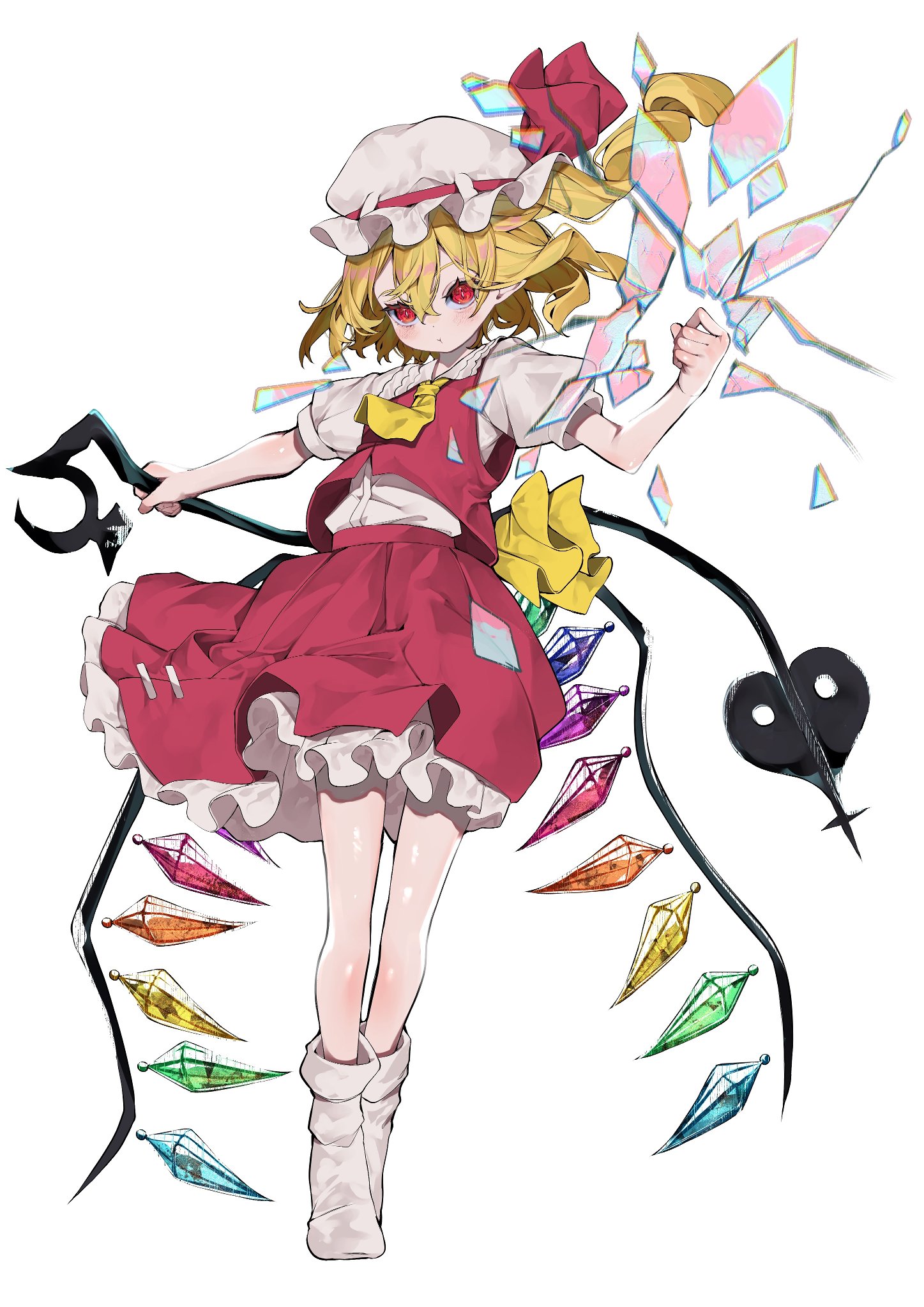kararage tsune, flandre scarlet, touhou, highres, 1girl, ascot, bat wings, blonde hair, blush, bow, broken glass, crystal, crystal wings, glass, hat, hat ribbon, holding, holding weapon, laevatein (touhou), looking at viewer, mob cap, multicolored wings, one side up, open mouth, puffy short sleeves, puffy sleeves, red eyes, red skirt, red vest, ribbon, shirt, short hair, short sleeves, side ponytail, simple background, skirt, skirt set, smile, socks, solo, standing, vest, weapon, white background, white hat, white socks, wings, yellow ascot