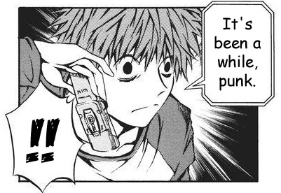 emiya shirou, l (death note), death note, fate/stay night, fate (series), lowres, cellphone, comic, cosplay, crossover, english text, greyscale, male focus, monochrome, parody, phone, raglan sleeves, solo