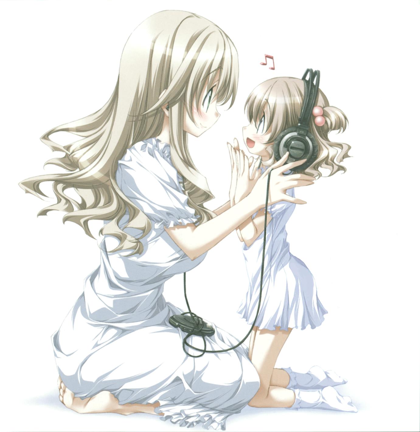 kurashima tomoyasu, yuugiri ruriko, ashita no kimi to au tame ni, highres, 2girls, age difference, barefoot, child, hair bobbles, hair ornament, headphones, mother and daughter, multiple girls, musical note, sitting, smile, socks, white background