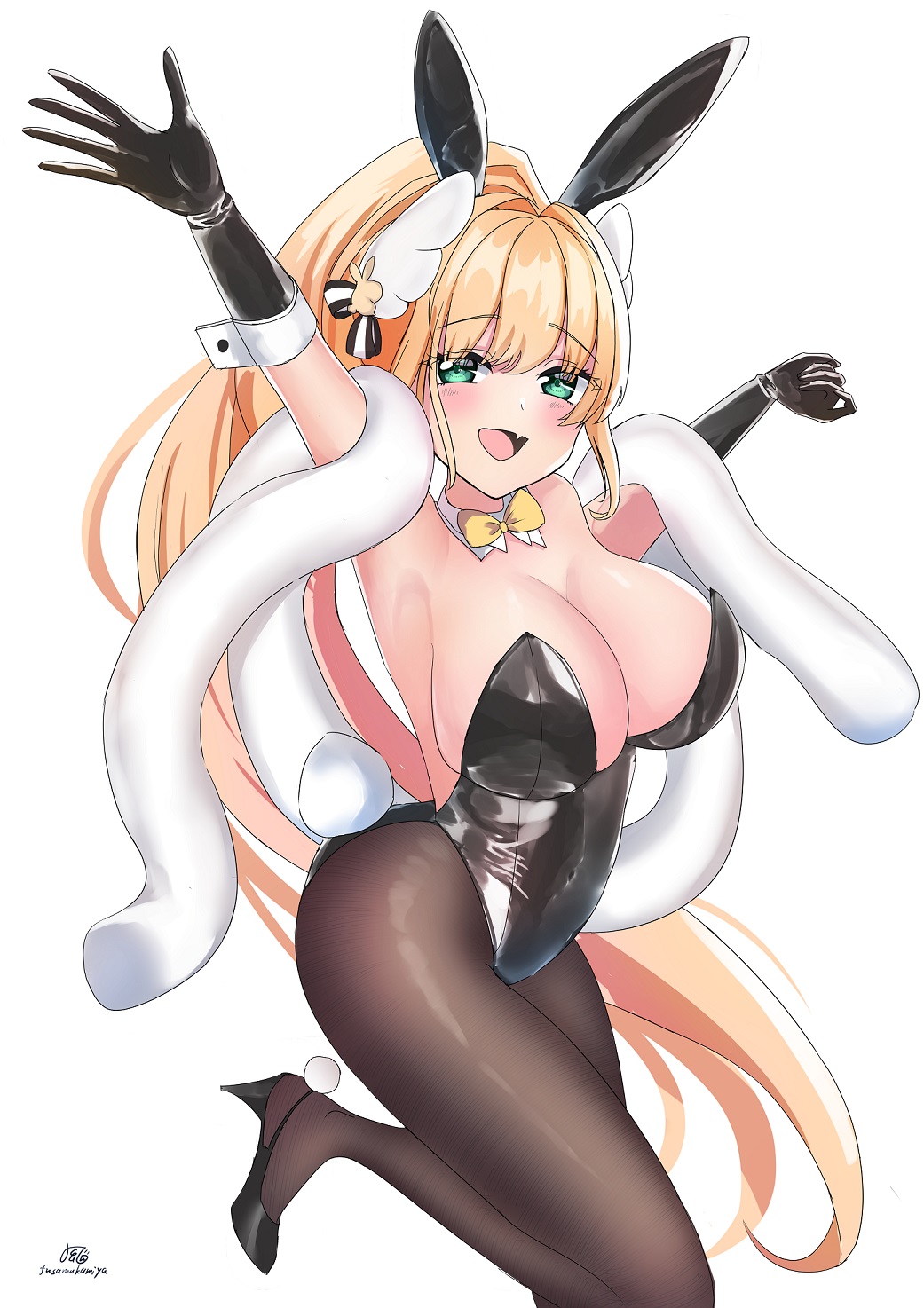 kazushi shinya, rupee (nikke), rupee (rabbit deluxe) (nikke), goddess of victory: nikke, highres, 1girl, armpits, arms up, black pantyhose, blonde hair, blush, breasts, detached sleeves, fang, feather boa, green hair, high heels, hug, large breasts, latex, long hair, open mouth, pantyhose, playboy bunny, ponytail, smile, standing, standing on one leg, white background