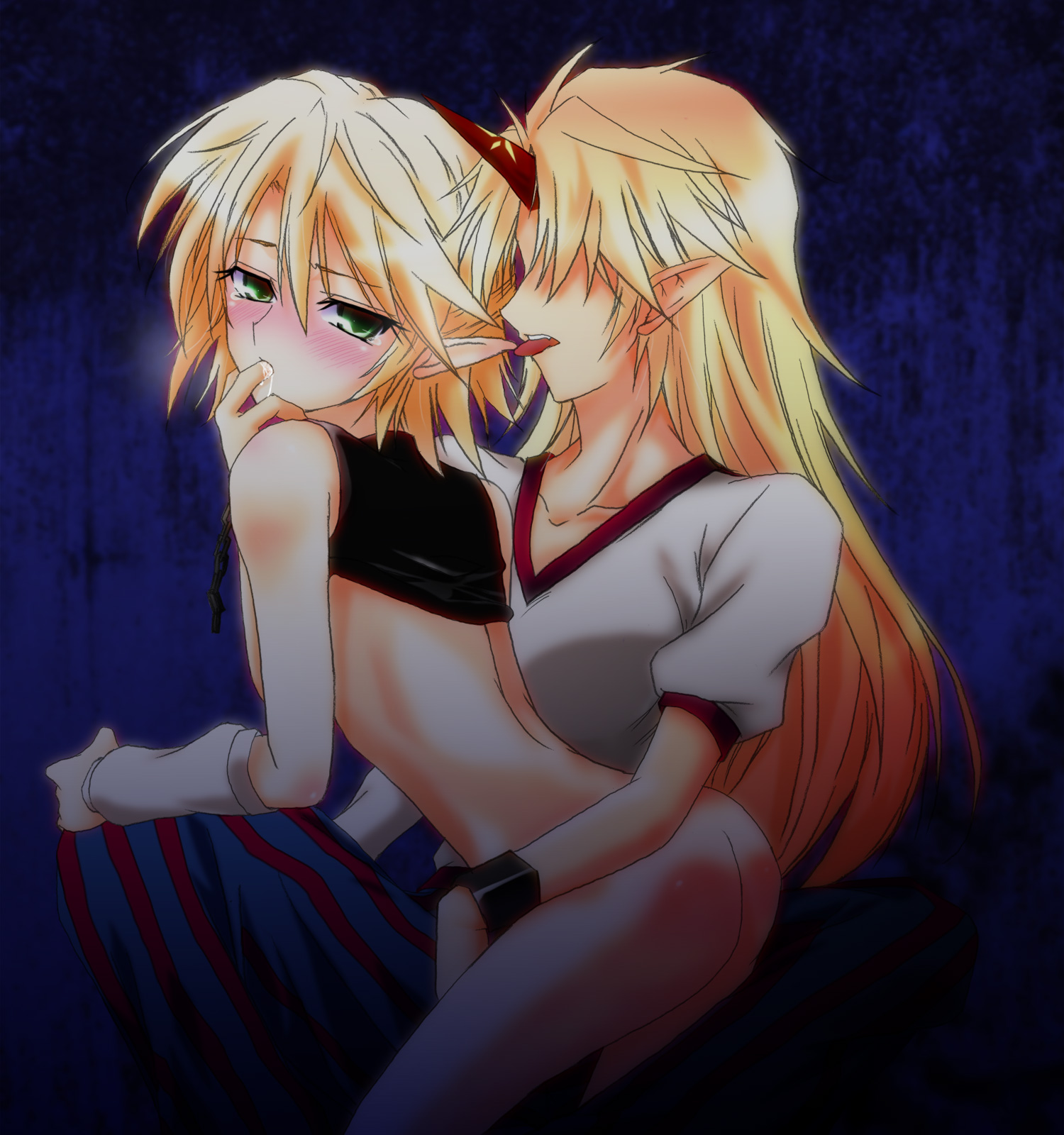 hazuki kasane, hoshiguma yuugi, mizuhashi parsee, touhou, highres, 2girls, blonde hair, blush, bottomless, female focus, finger in another's mouth, horns, multiple girls, pointy ears, single horn, yuri