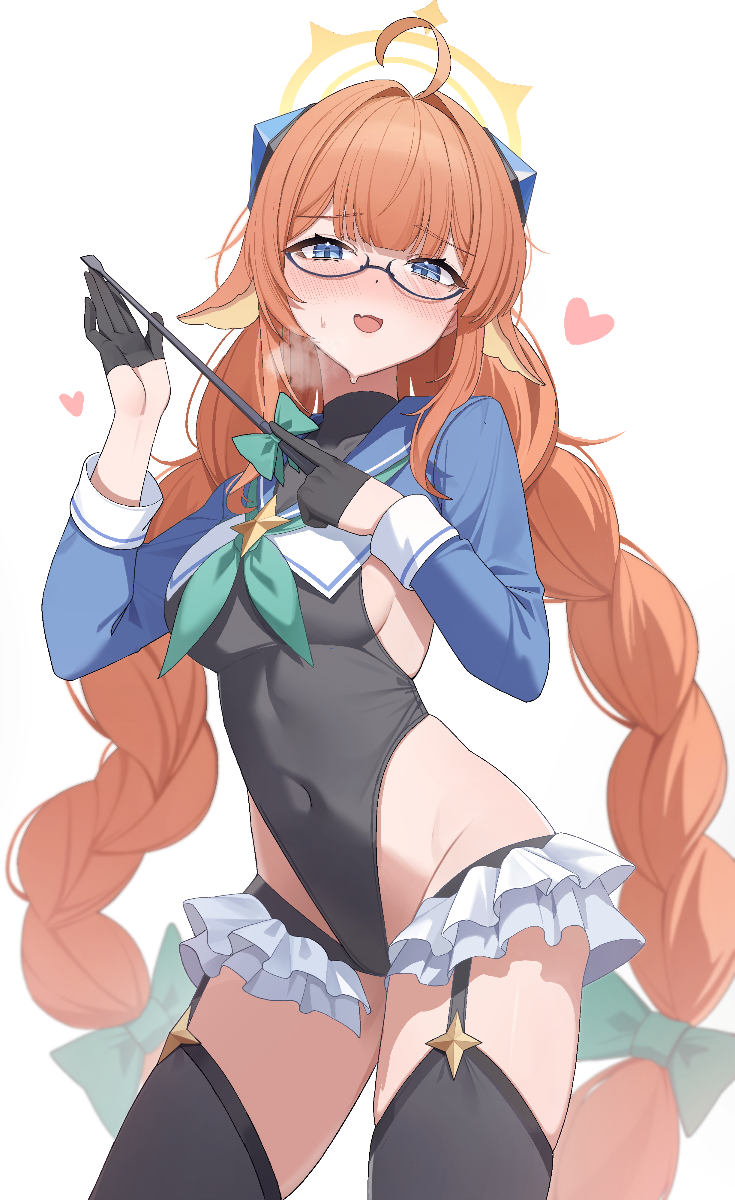 pang-yo, shimiko (blue archive), shimiko (magical) (blue archive), blue archive, braided twintails, absurdres, highres, 1girl, ahoge, aqua neckerchief, black-framed eyewear, black gloves, black leotard, black thighhighs, blue shrug, blush, braid, breasts, contrapposto, covered navel, fang, glasses, gloves, groin, half gloves, halo, heart, highleg, highleg leotard, holding, holding riding crop, leotard, long hair, long sleeves, looking at viewer, neckerchief, official alternate costume, open mouth, orange hair, riding crop, shrug (clothing), sideboob, simple background, skin fang, solo, super highleg, sweatdrop, thighhighs, twin braids, white background, yellow halo