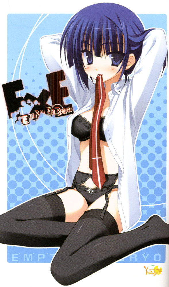 kobuichi, muririn, nomiya yuu, empty x embryo, scan, 1girl, adjusting hair, arms behind head, black bra, black garter belt, black panties, black thighhighs, blue eyes, blue hair, blush, bow, bow panties, bra, female focus, garter belt, lingerie, matching hair/eyes, midriff, mouth hold, necktie, open clothes, open shirt, panties, shirt, sitting, solo, thighhighs, underwear, yokozuwari