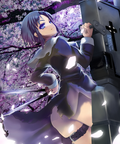 houen, ciel (tsukihime), tsukihime, 00s, 1girl, ass, black keys (type-moon), blue eyes, blue hair, cherry blossoms, dress, female focus, huge weapon, matching hair/eyes, no panties, petals, pile bunker, seventh holy scripture, short hair, sidelocks, solo, sword, thigh strap, torn clothes, weapon