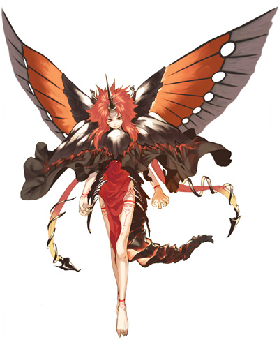 riemsianne, sega, shining (series), shining force exa, lowres, tagme, butterfly wings, insect wings, monster girl, red hair, tail, wings